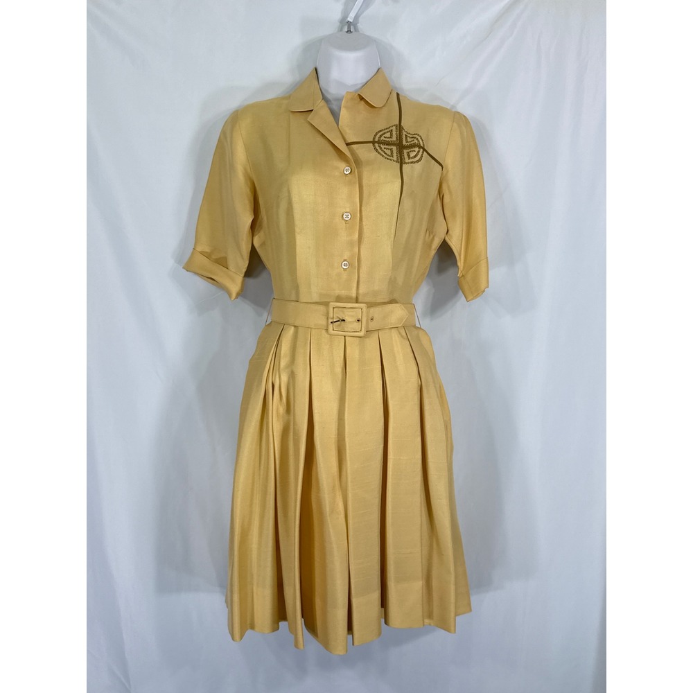 Vintage Yellow Raw Silk Shirt Dress Belted Pleated Embroidered 1950s 60s Retro